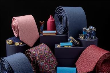 Display of colourful ties, cufflinks, and pocket squares